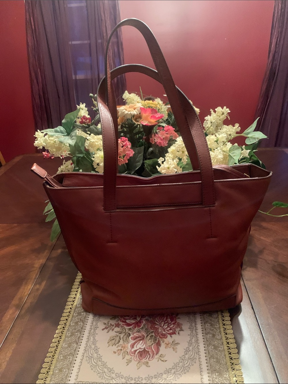 Fossil Burgundy Leather Tote with Dual Shoulder Straps